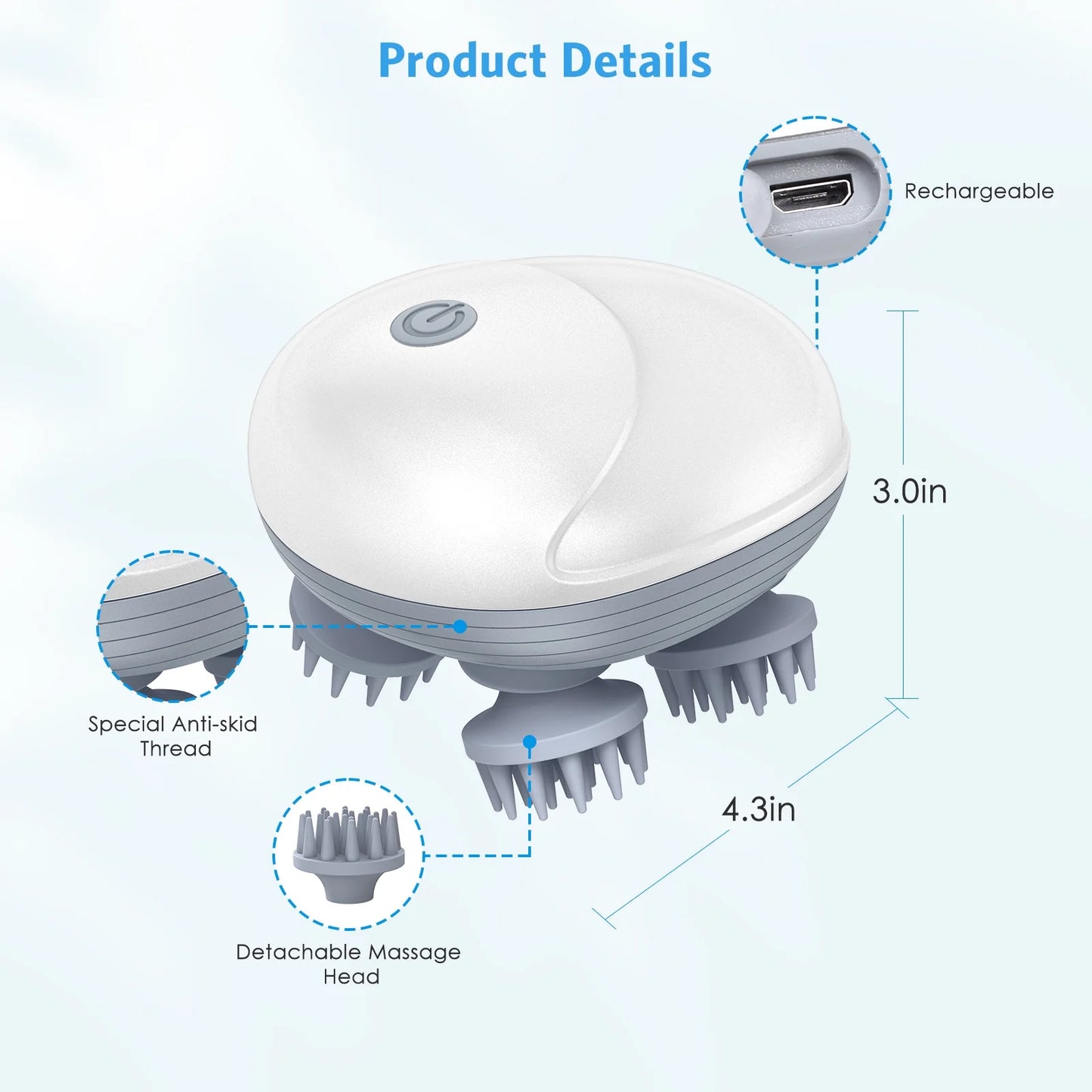 Rechargeable Scalp & Head Massager – Improve Blood Flow, Reduce Stress & Headaches Naturally, Promote Sleep & Hair Growth | 96 Silicon Kneading Points Detachable Head & Waterproof