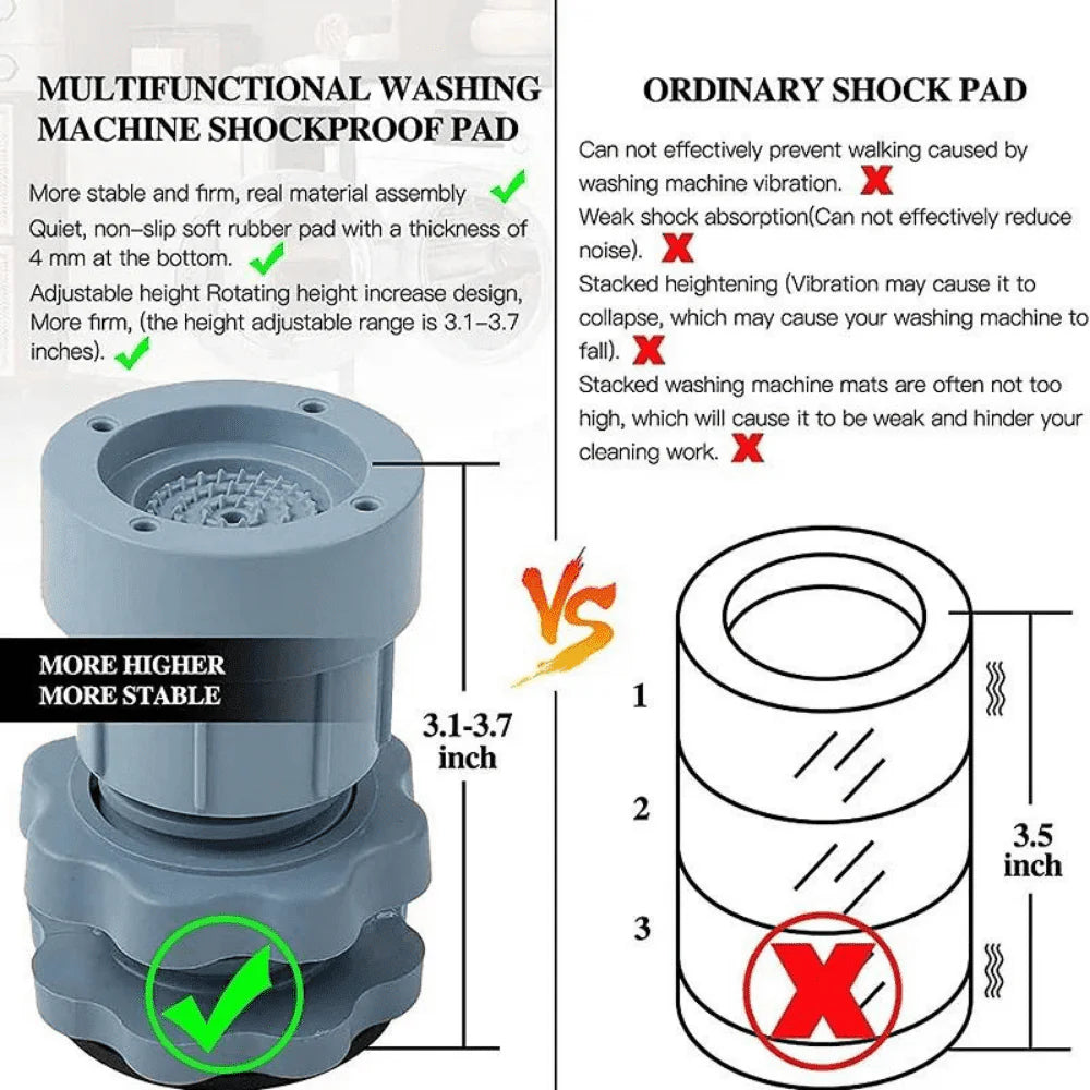 Washing Machine Vibration Pads - Adjustable Dryer Shock & Noise Cancelling Pads, Anti Vibration Pads for Washing Machine Support, Height Adjustment Feet for Refrigerators (4 Pcs Set)